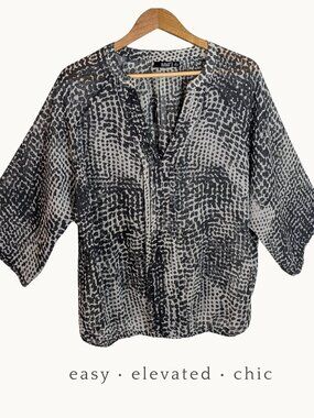 Patterned Blouson Blouse Sheer Drapey Pleated V-Neck Chic Size XL a.n.a.